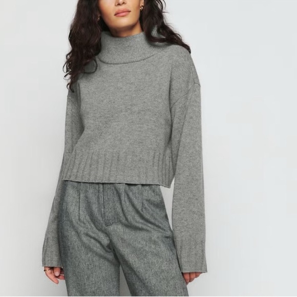 Reformation Elvezia Regenerative Wool Turtleneck Sweated Cropped Knit Grey Large - Picture 1 of 11